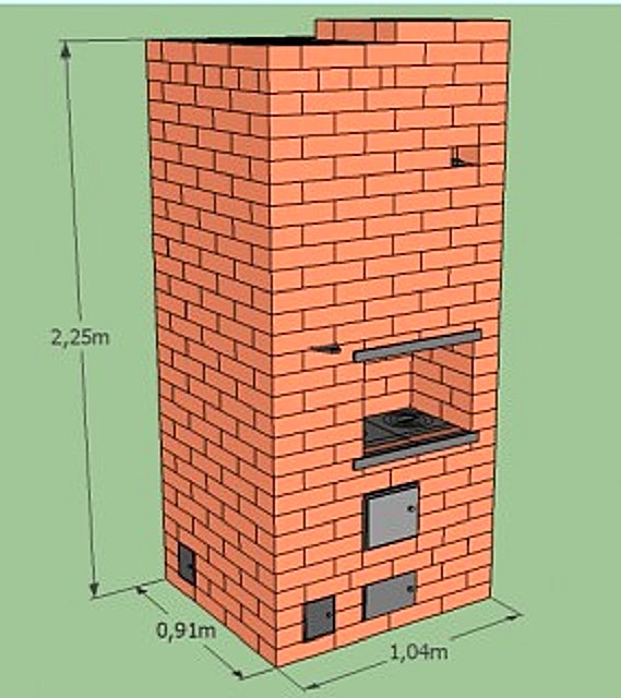 На иллюстрации представлен проектный вариант компактной колпаковой печи, которая отлично подойдет для отопления дома с небольшой площадью. Она имеет размер в основании 910×1004 мм, то есть ее площадь составляет всего 0,95м².