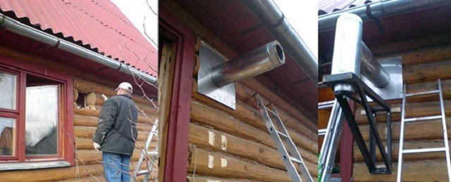 Вывод дымоходной сэндвич-трубы через стену деревянного дома
