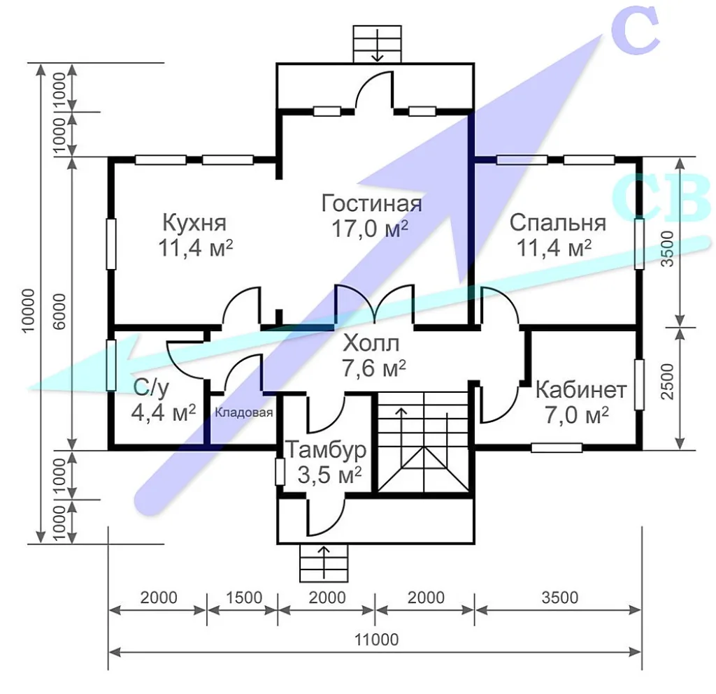 На копии плана можно указать направления сторон света (здесь широкой синей стрелкой показан Север) и, если имеется информация – преобладающее направление холодных зимних ветров («роза ветров» на зиму).