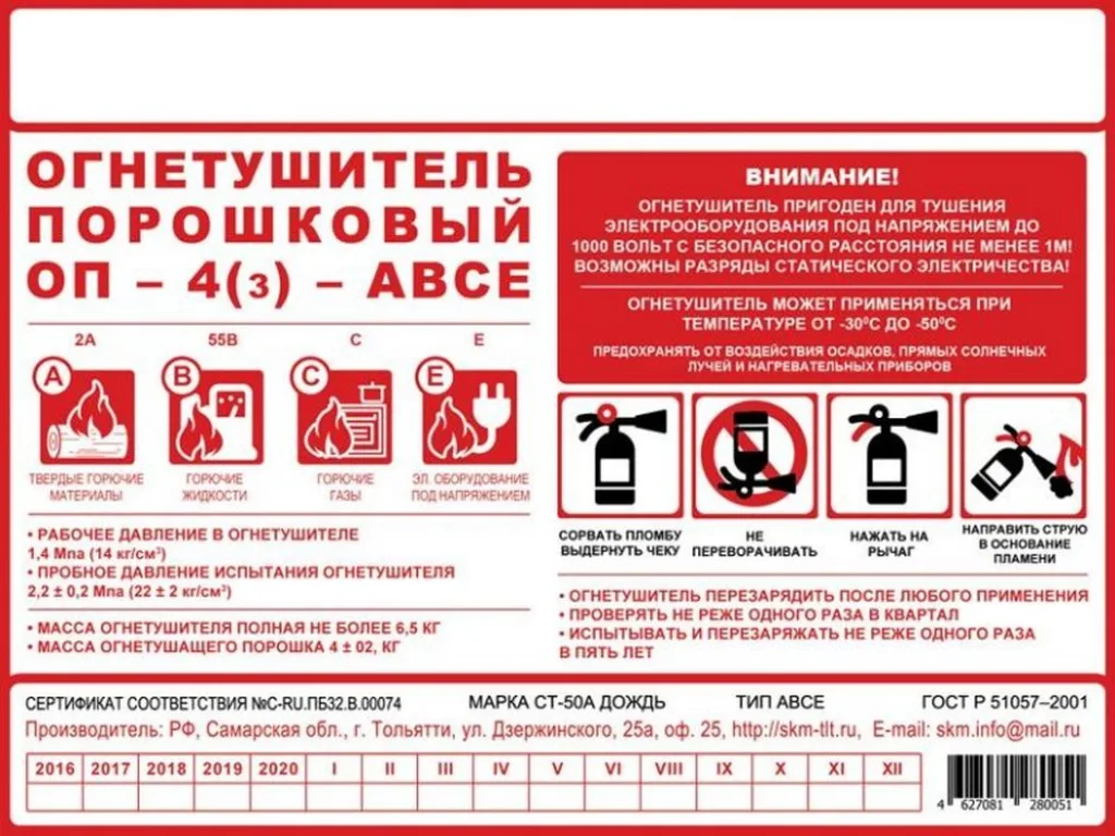Пример этикетки огнетушителя – на ней масса полезной информации