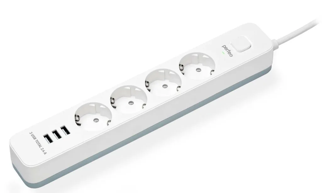 Сетевой фильтр Perfeo POWER STREAM, 2500W, 4 розетки, 3 USB