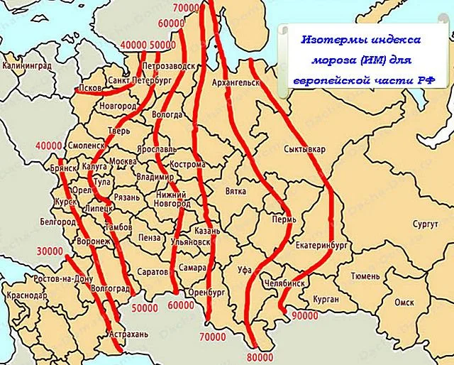 Схема примерного распределения индекса мороза (ИМ) на территории европейской части России