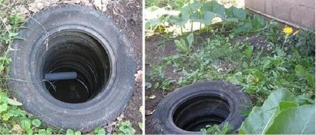 Один из вариантов дренажного колодца - из старых автопокрышек
