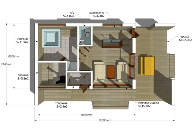 Проект сауны с террасой. 81 м²