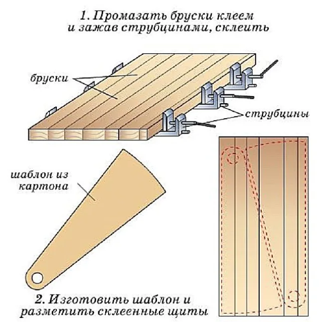 Склеивание бруса в единую панель и разметка ступеней
