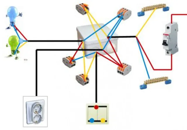 Схема в распределительной коробке, двух светильников и группа розеток