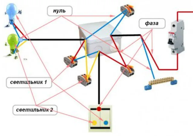 Схема в распределительной коробке, двух светильников