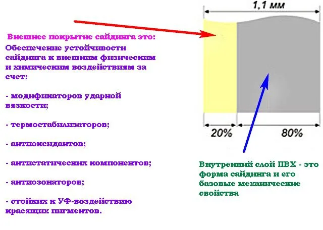 Двухслойное строение сайдинга, изготовленного по технологии коэкструзии