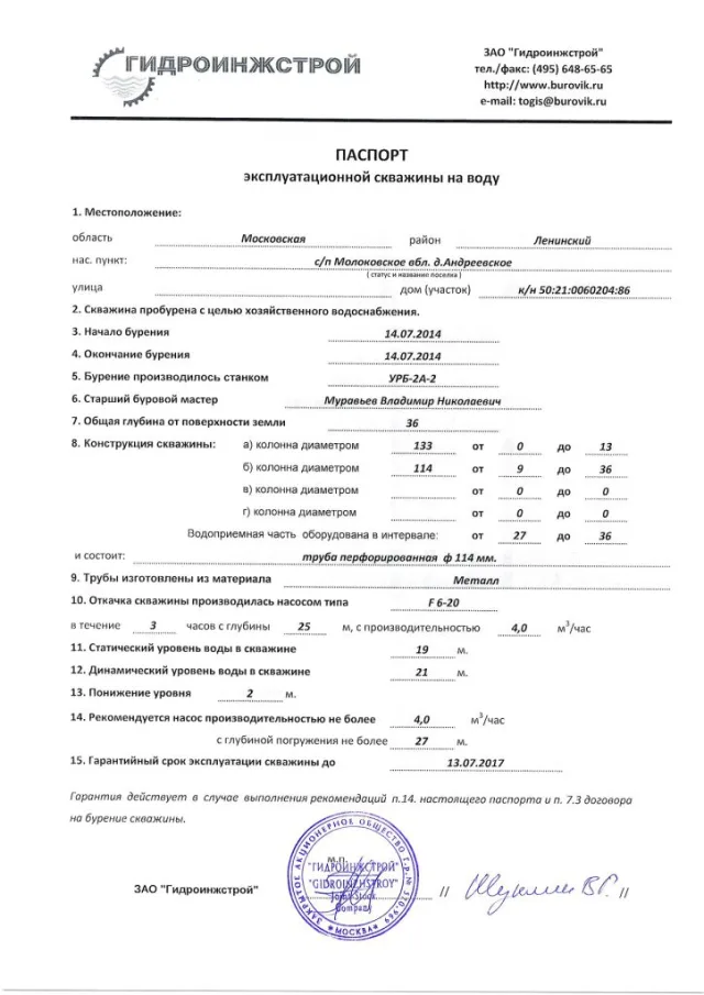 Образец паспорта скважины