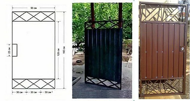Сплошной лист закрывает только центральную часть калитки, а сверху и снизу сварены решетки