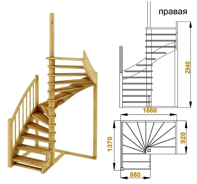 Параметры винтовой лестницы с забежными ступенями – модель К-005м (на примере правосторонней)