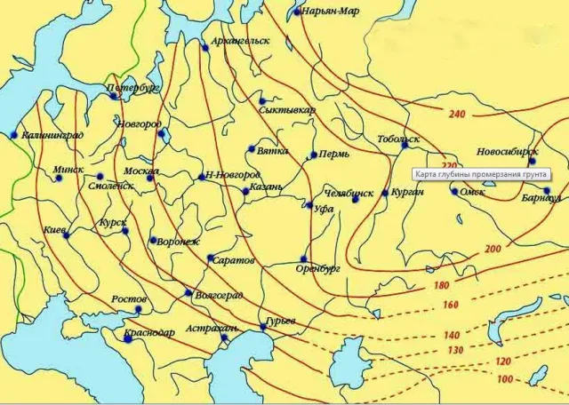 Такая карта дает примерное представление о глубине промерзания. Лучше все же этот параметр уточнить в местных строительных или проектных организациях.