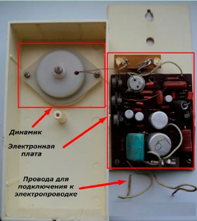 Внутреннее строение электронного звонка. В закрытом состоянии он обычно представляет собой пластиковую коробку с выходящими отрезками проводов для подключения. Во многих современных моделях вместо отрезков проводов предусмотрены клеммные соединения.