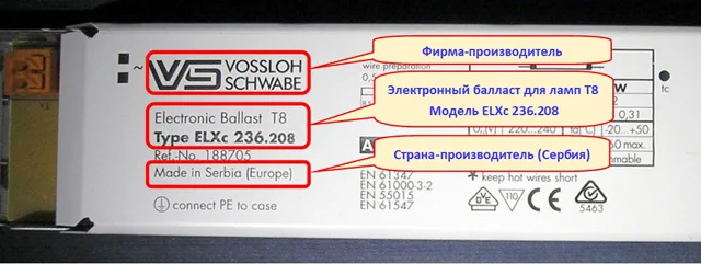 Информация о производителе, вида ламп, модели и стране производства