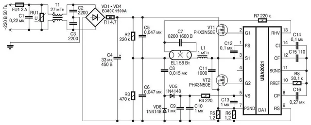 Пример принципиальной схемы ЭПРА с интегральной микросхемой и MOSFET транзисторами
