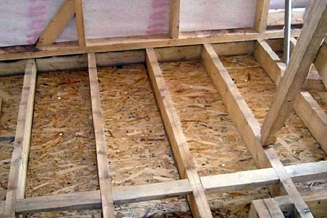 Черновой пол из OSB. Пространство между лагами можно заполнить термоизоляцией, а затем «зашить» сверху такими же плитами.