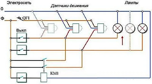 Один из примеров схемы автоматической системы освещения, включающей в себя датчики движения.