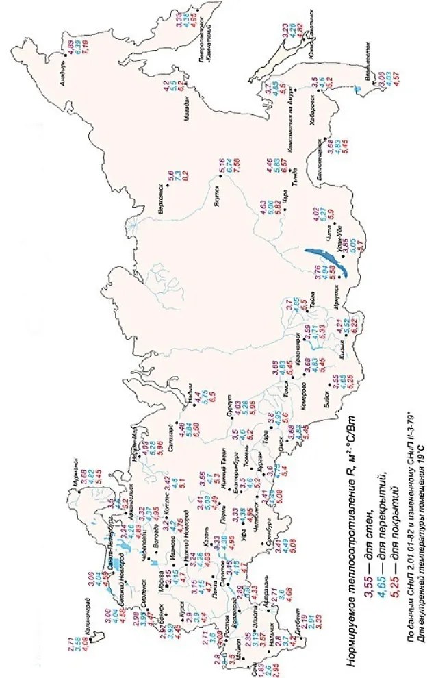 Карта-схема для определения нормативного значения сопротивления теплопередаче для строительных консрукций (по регионам РФ)