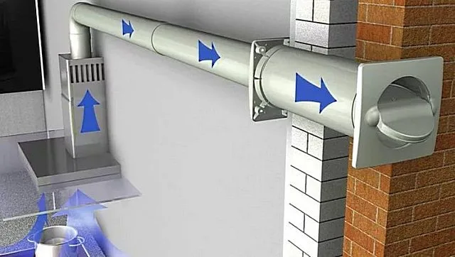 Обратный клапан установлен на конце выходящей через стену воздуховодной трубы.