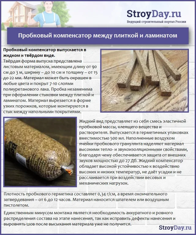 Пробковый компенсатор между плиткой и ламинатом