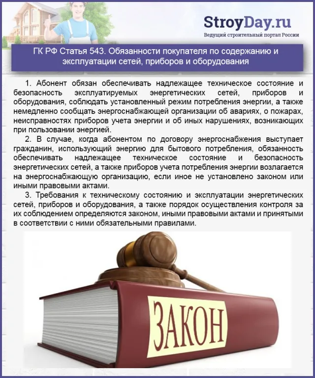 ГК РФ Статья 543. Обязанности покупателя по содержанию и эксплуатации сетей, приборов и оборудования