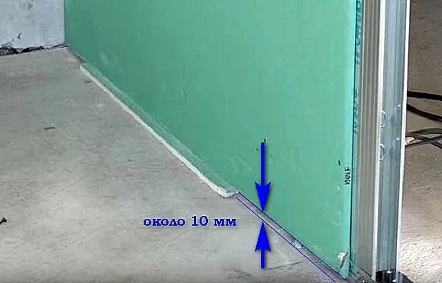 Зазор между поверхностью пола и нижним краем гипсокартонной обшивки.