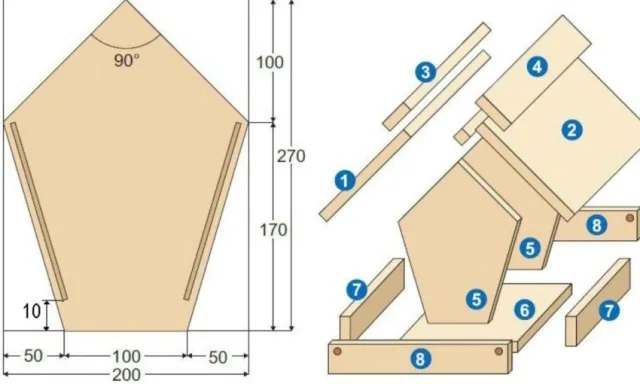 Чертеж деревянной кормушки: 1 и 2 — скаты крыши, 3 и 4 — конек крыши, 5 и 6 — боковые стенки, 7 и 8 — бортики