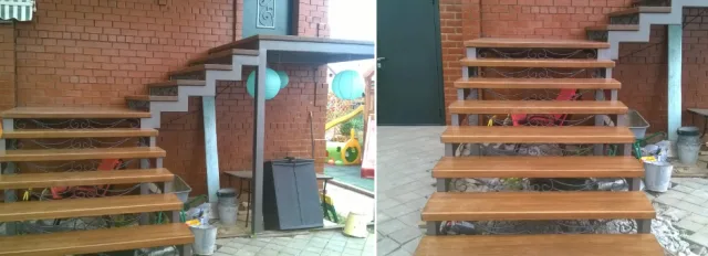 Уличная лестница в дом на металлическом каркасе с поворотом