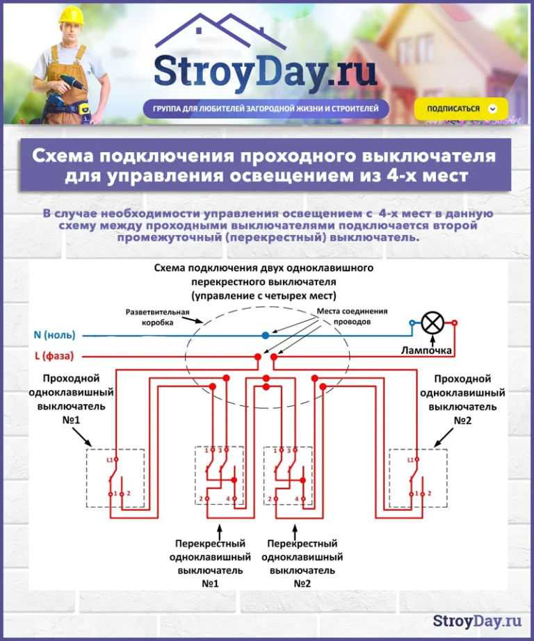 Схема подключения проходного выключателя для управления освещением из 4-х мест