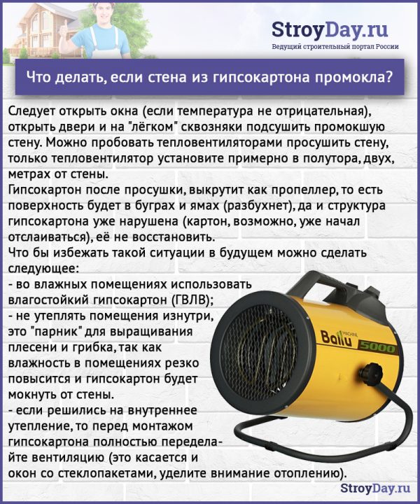 Что делать, если стена из гипсокартона промокла?