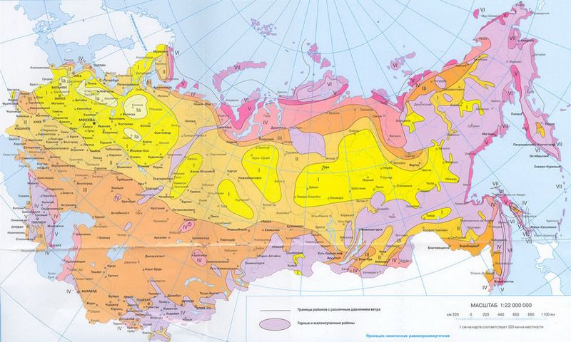 Карта-схема зонирования территории России по уровню ветрового давления