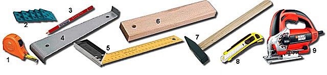 Обычный набор инструментов, необходимый для монтажа ламинированного покрытия пола
