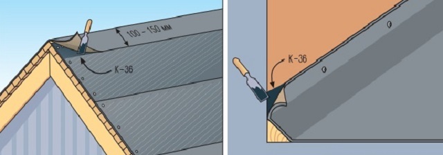 Схема укладки подкладочного ковра по линии конька и по линиям возможного прилегания скатов к стенам.