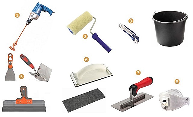 Типичный набор инструментов для шпатлевания стен