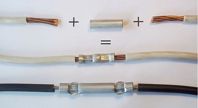 Соединение проводников опрессовкой с использованием специальных гильз.