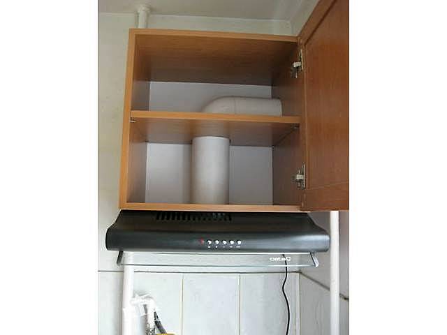 Вытяжка подвешена к нижней плоскости кухонного шкафчика. А внутри шкафа можно скрыть трубы воздуховода.