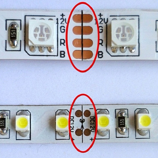Монтажные площадки на линиях разреза светодиодных лент. Сверху – лента RGB, снизу – обычная монохромного свечения.