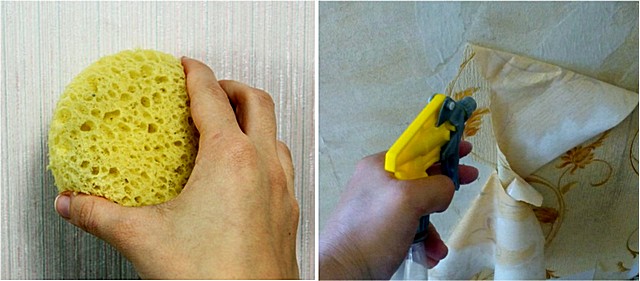 Увлажнение старых обоев на стене можно производить с помощью губки, поролонового валика или пульверизатора.