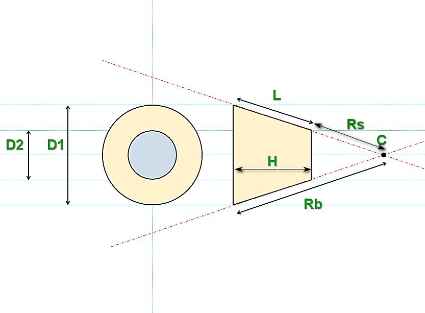 Усеченный конус в плане (вид сверху) и в боковой проекции с проставленными известными и определяемыми параметрами.
