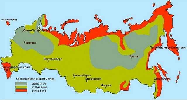 Карта-схема среднегодовых скоростей ветра по регионам России