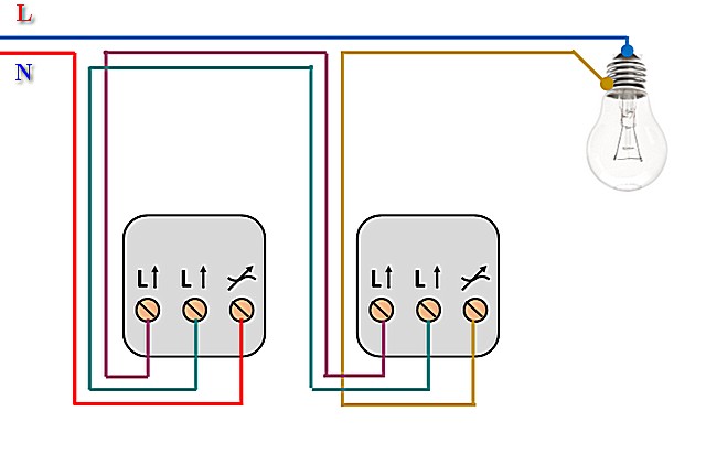 Два диммера, включенные в цепь светильника по «проходной» схеме