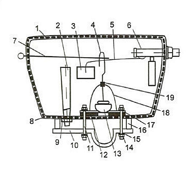 Схема внутреннего строения сливного бачка, оснащенного трубкой перелива.