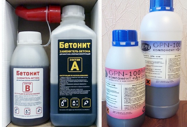 Еще два варианта российского заменителя бетона: «Бетонит-1» и «GPN-100» . В двух флаконах находятся составляющие, из которых изготавливается рабочий состав. Их общий объем составляет 1 литр