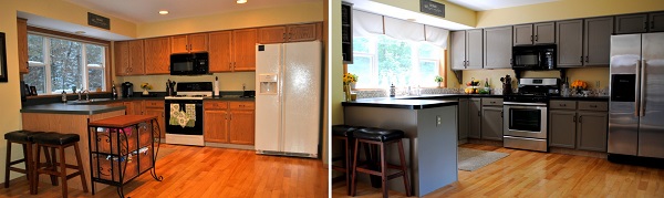 На фото представлена переделка кухни, в которой были просто изменены цвета мебели и стен