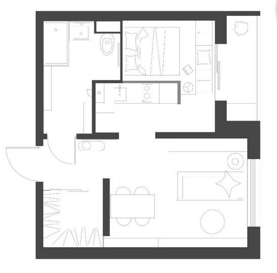 Дизайн интерьера этой однокомнатной квартиры многофункционален, прост, но в то же время невероятно эффектен