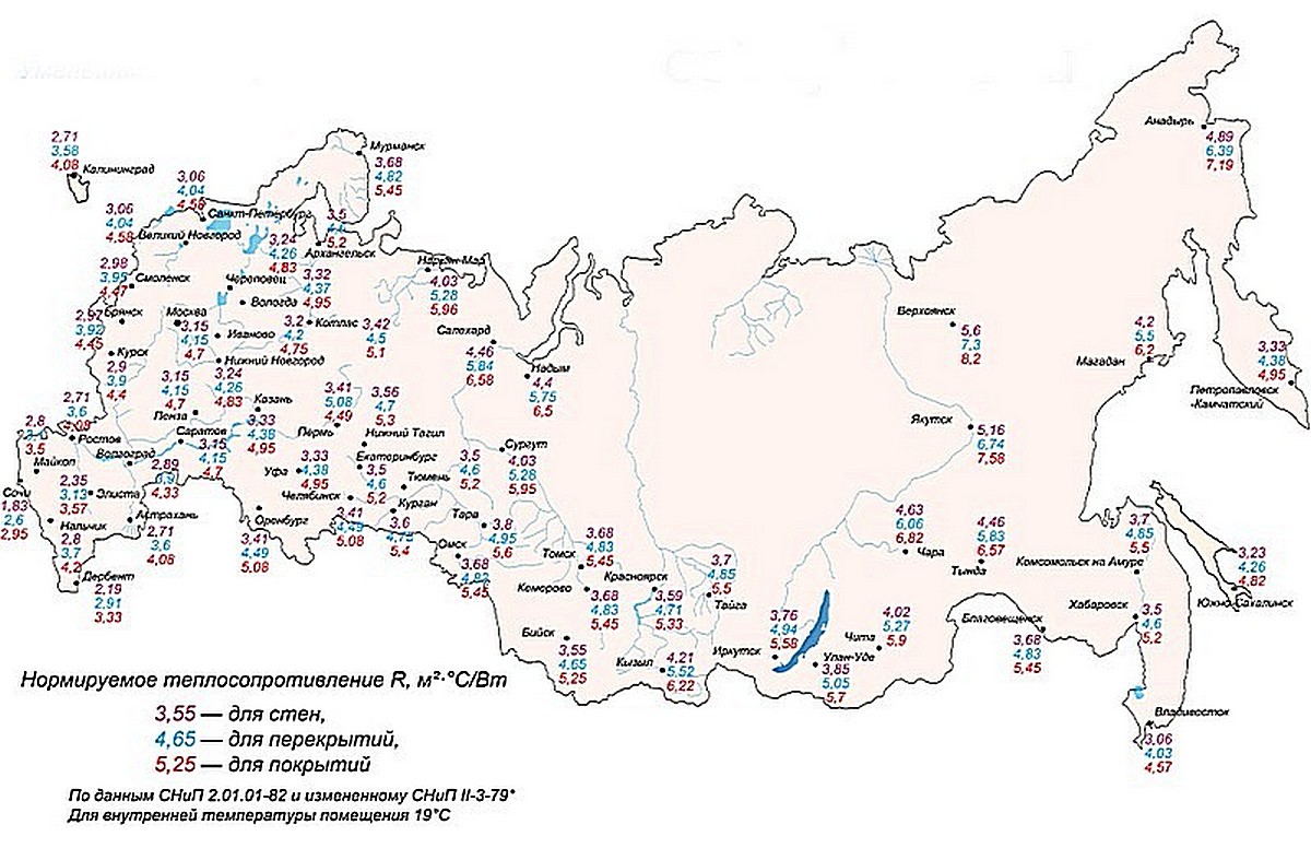 Карта-схема для определения нормированного сопротивления теплопередаче для строительных конструкций