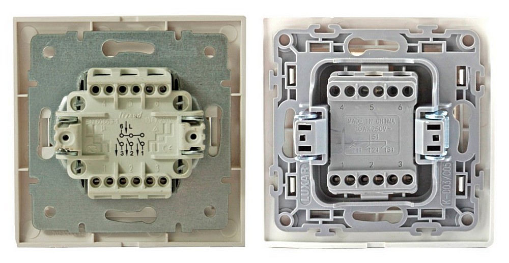Для примера – два трёхклавишных выключателя (с тыльной стороны) от разных производителей.