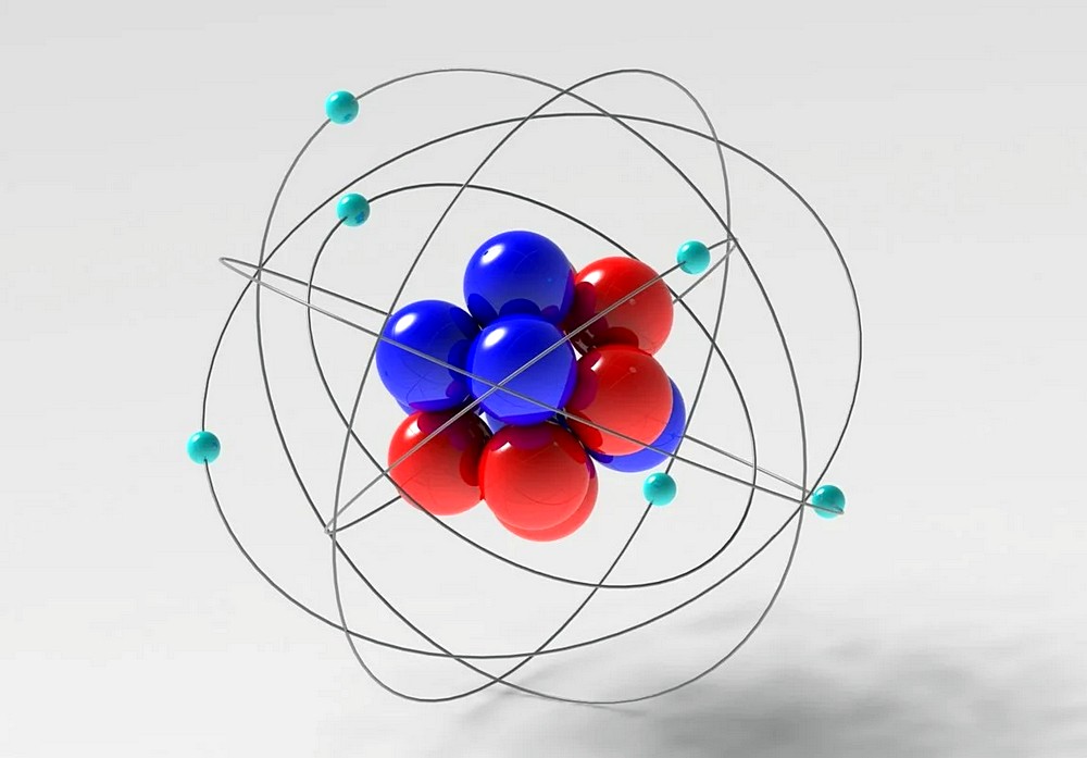 Модель атома углерода – вокруг положительно заряженного ядра по орбиталиям вращаются отрицательные электроны.