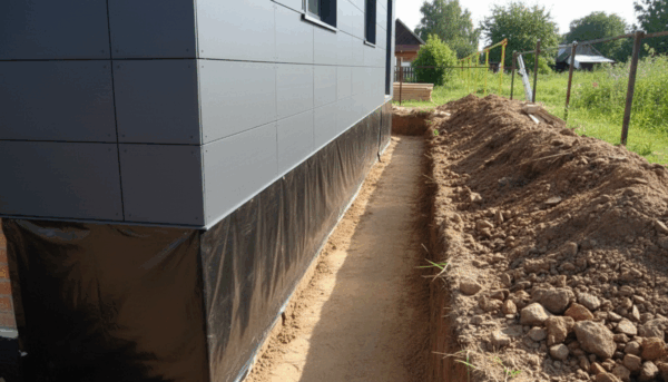 Подготовленная траншея под отмостку вокруг дома